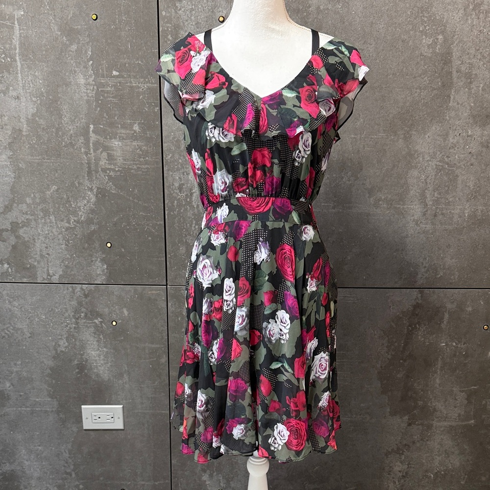Guess Women's Floral Sleeveless Short Fit Flare Party Dress Black Size S NWT